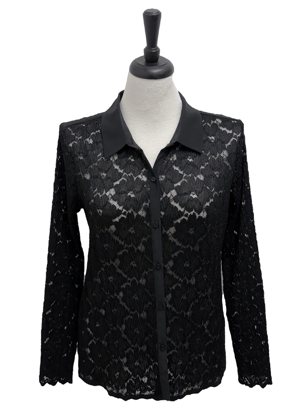 Yoana Baraschi sheer black floral lace collared button up slim fit blouse large